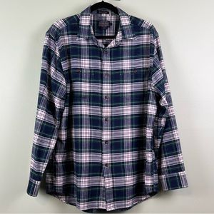 Pendleton Large Hawthorne Blue Green Tartan Plaid Flannel Shirt Elbows Patches